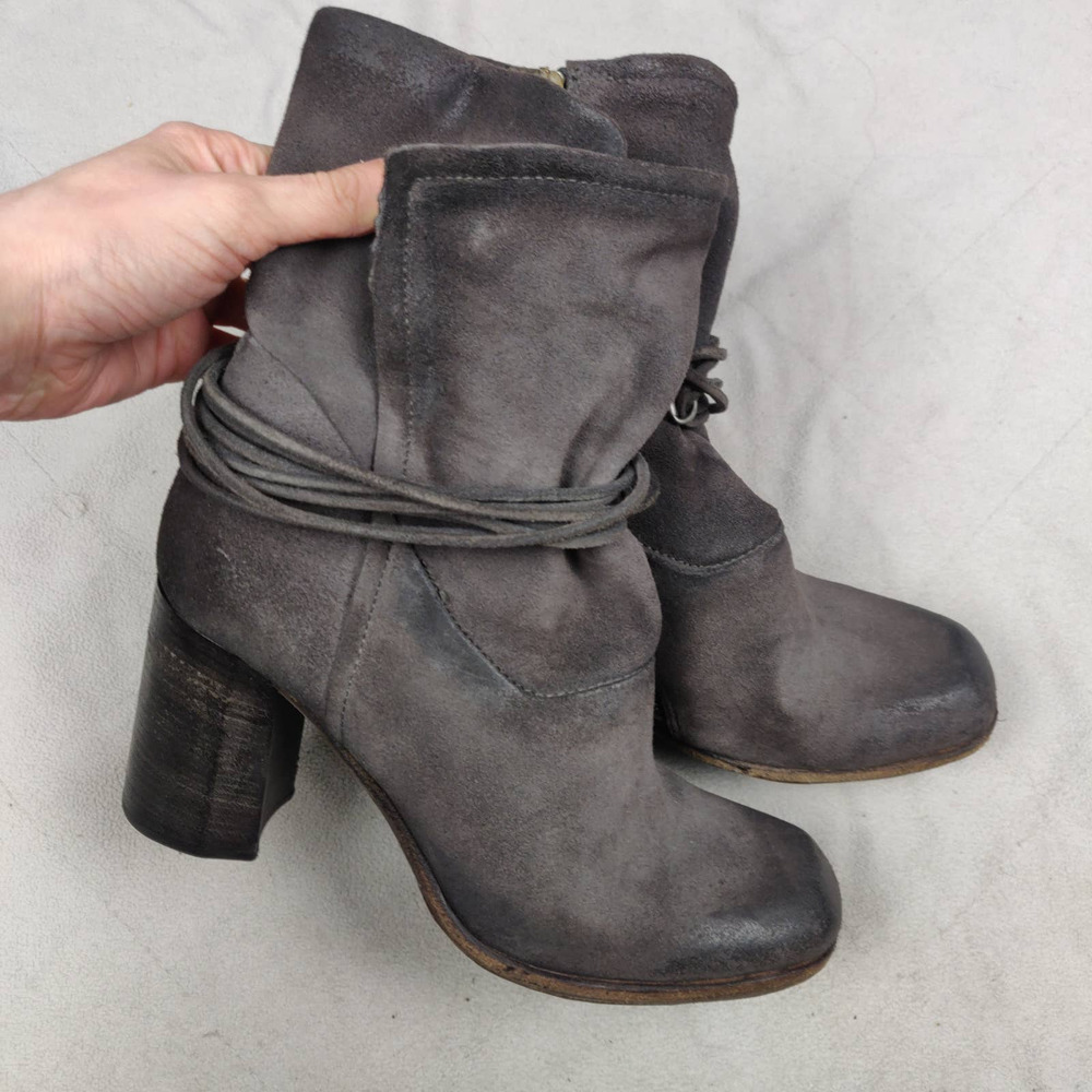 A.S.98 Boots 38 Women's 7.5-8 Gray Distressed Suede Ankle Wrapped Block Heel